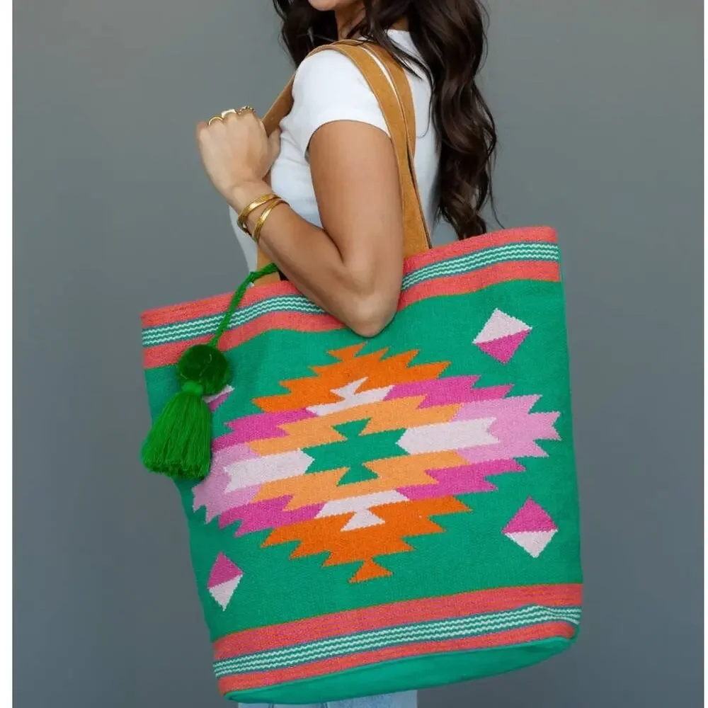 Green, Pink & Orange Western Woven Cotton Tote Bag | Boho Pom Tassel Tote